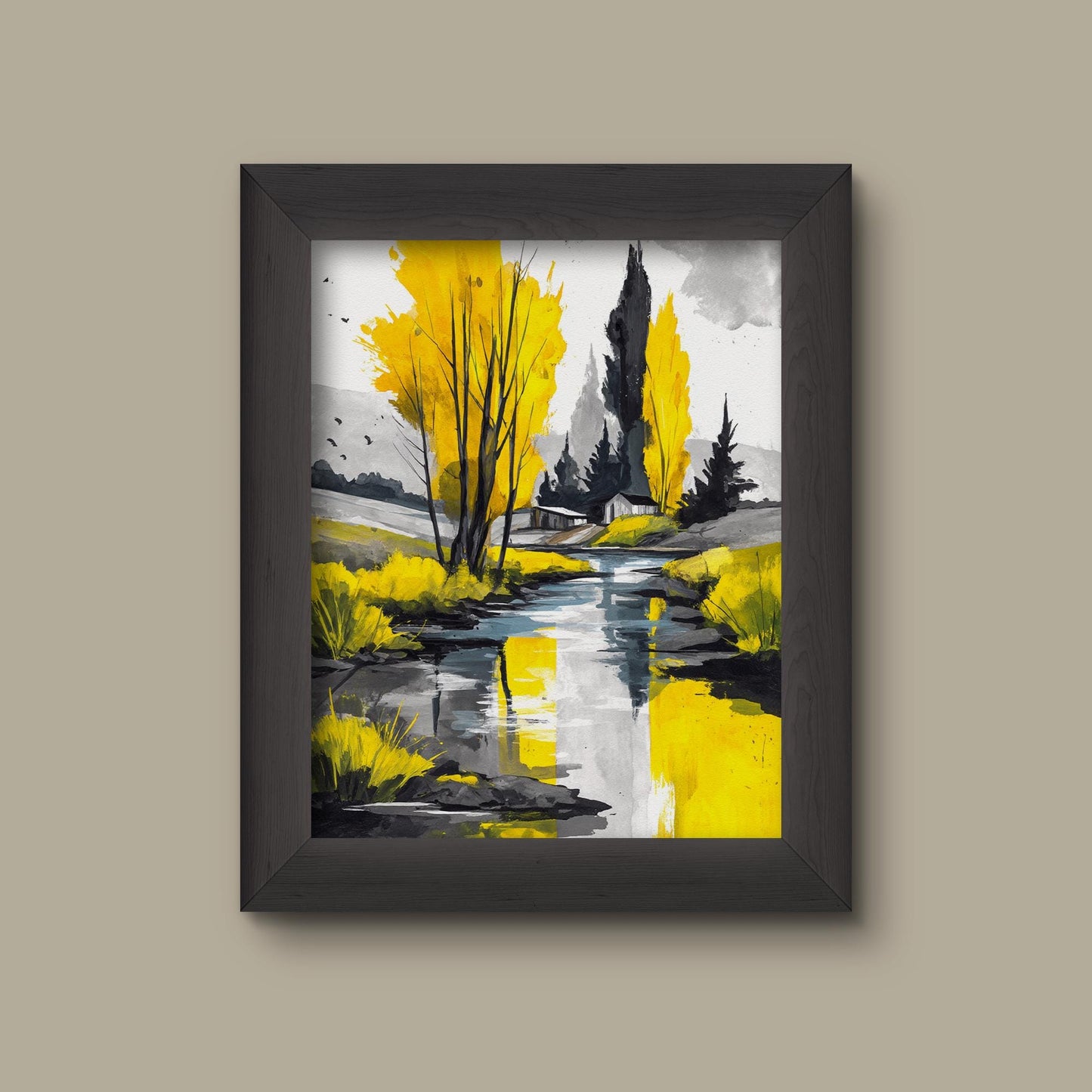 Yellow River Bank Landscape Art Print | Modern Countryside Decor | Black White and Yellow Watercolor-Style Painting | Fine Art Print