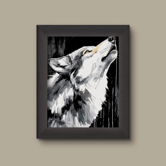 Black and White Howling Wolf Art Print | Monochrome Animal Ink Illustration | Woodland Wall Decor | Fine Art Print