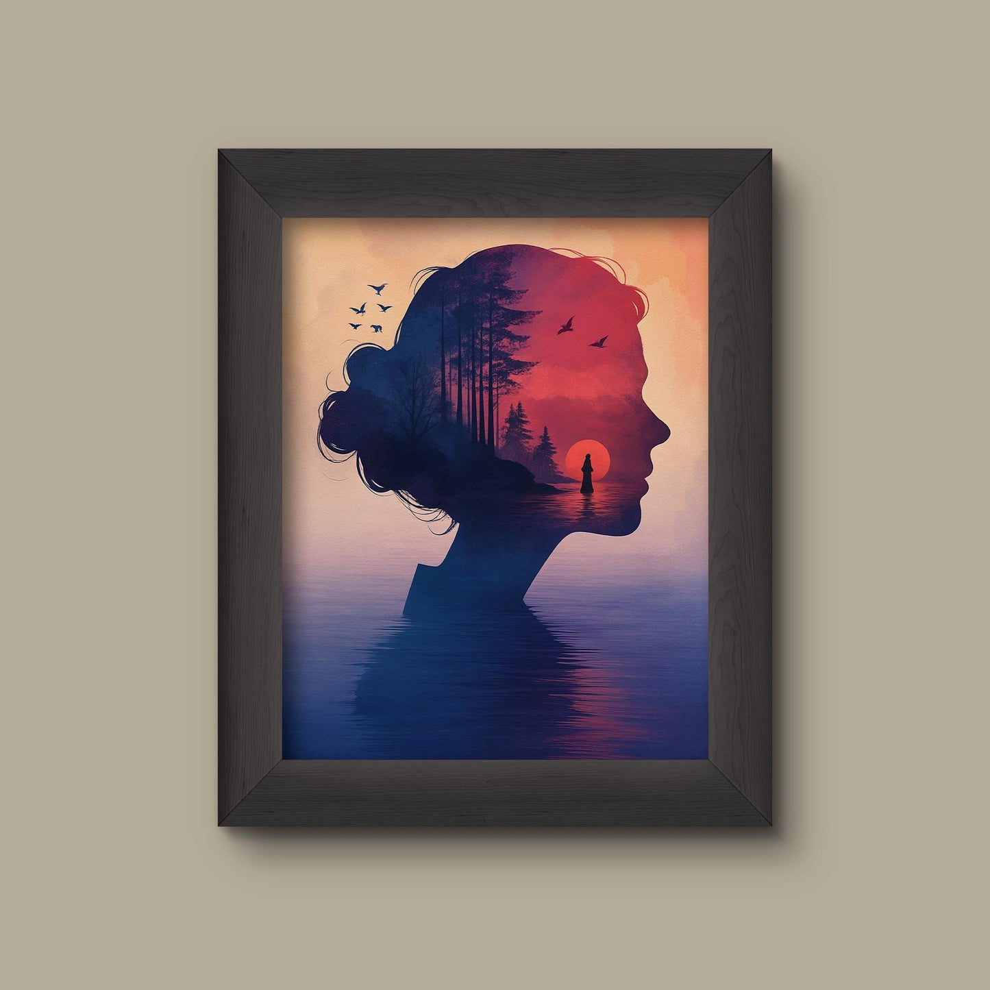 Double Exposure Art Print | Woman Silhouette with Forest & Sunset Scene | Dreamy Nature Wall Decor | Fine Art Print