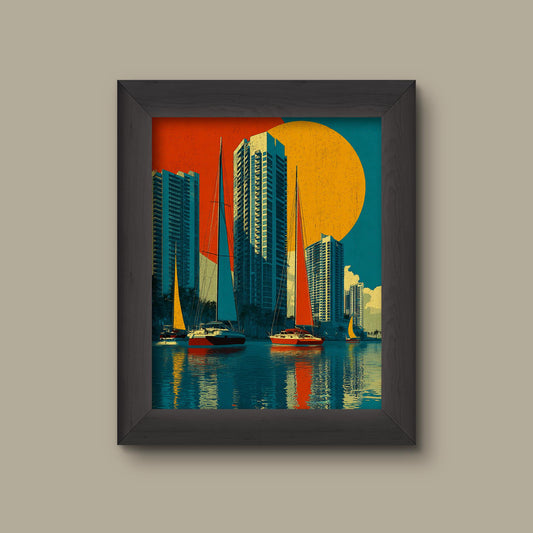 Sailboat Cityscape Art Print | Retro Modern Nautical Wall Art | Bold Sunset Urban Skyline | Fine Art Print