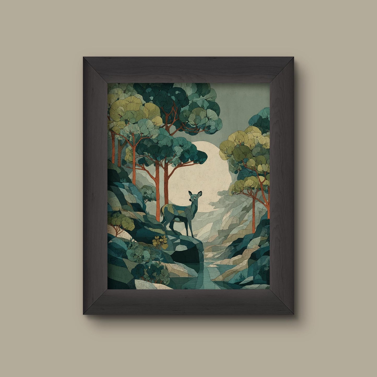Mystical Forest Landscape with Deer – Vintage-Style Woodland Wall Art Print | Fine Art Print