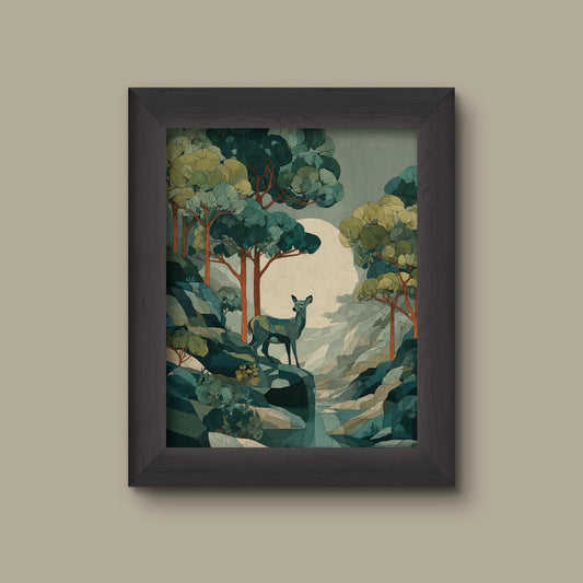 Mystical Forest Landscape with Deer – Vintage-Style Woodland Wall Art Print | Fine Art Print