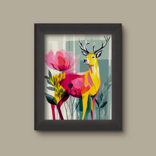 Modern Deer Wall Art | Vibrant Abstract Floral Wildlife Print | Fine Art Print