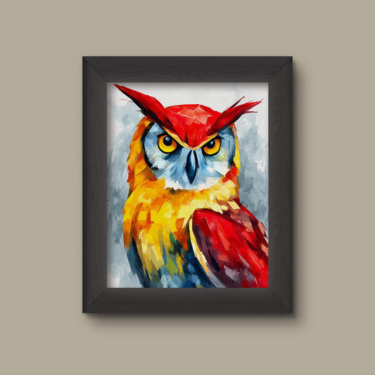 Fiery Abstract Owl Wall Art Print – Colorful Owl Painting | Boho Animal Art | Fine Art Print