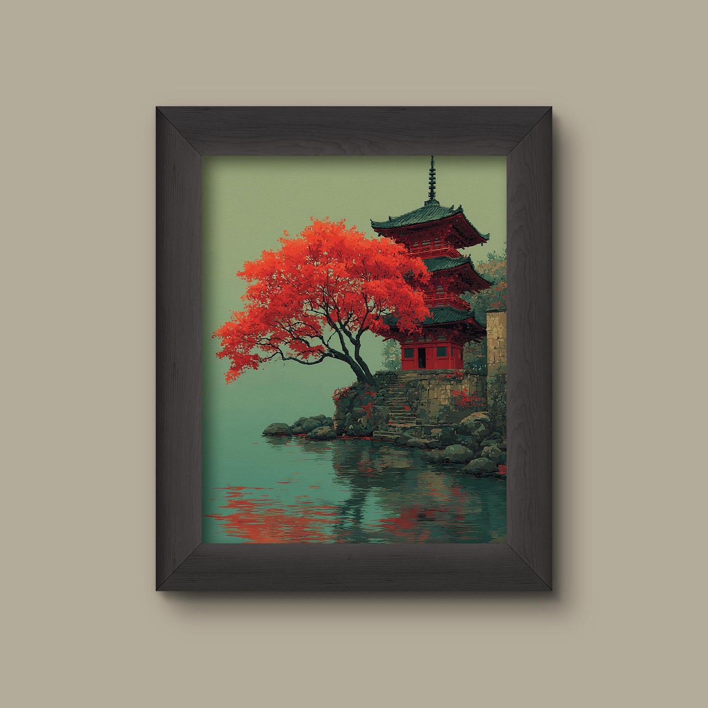 Japanese Pagoda & Crimson Maple Tree Art Print | Fine Art Print