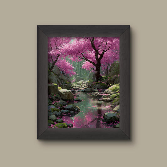 Cherry Blossom Forest Stream Art Print – Serene Sakura Landscape Wall Decor | Fine Art Print