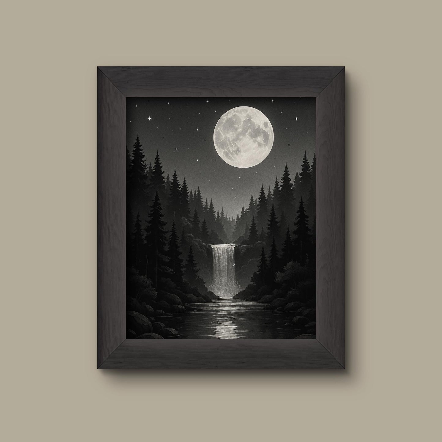 Moonlit Waterfall Forest Art Print – Black and White Night Landscape, Monochrome Nature Wall Decor | Fine Art Print