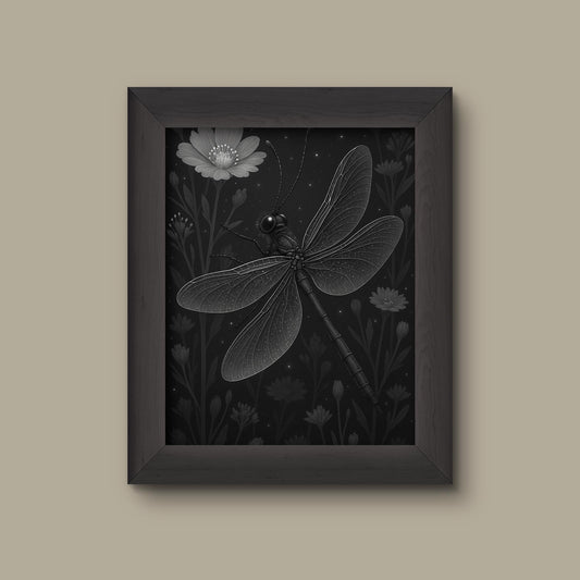Celestial Dragonfly & Wildflower Art Print – Black and White Insect Wall Decor | Fine Art Print