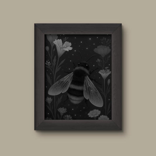 Celestial Bee & Wildflower Art Print – Black and White Insect Wall Decor | Fine Art Print