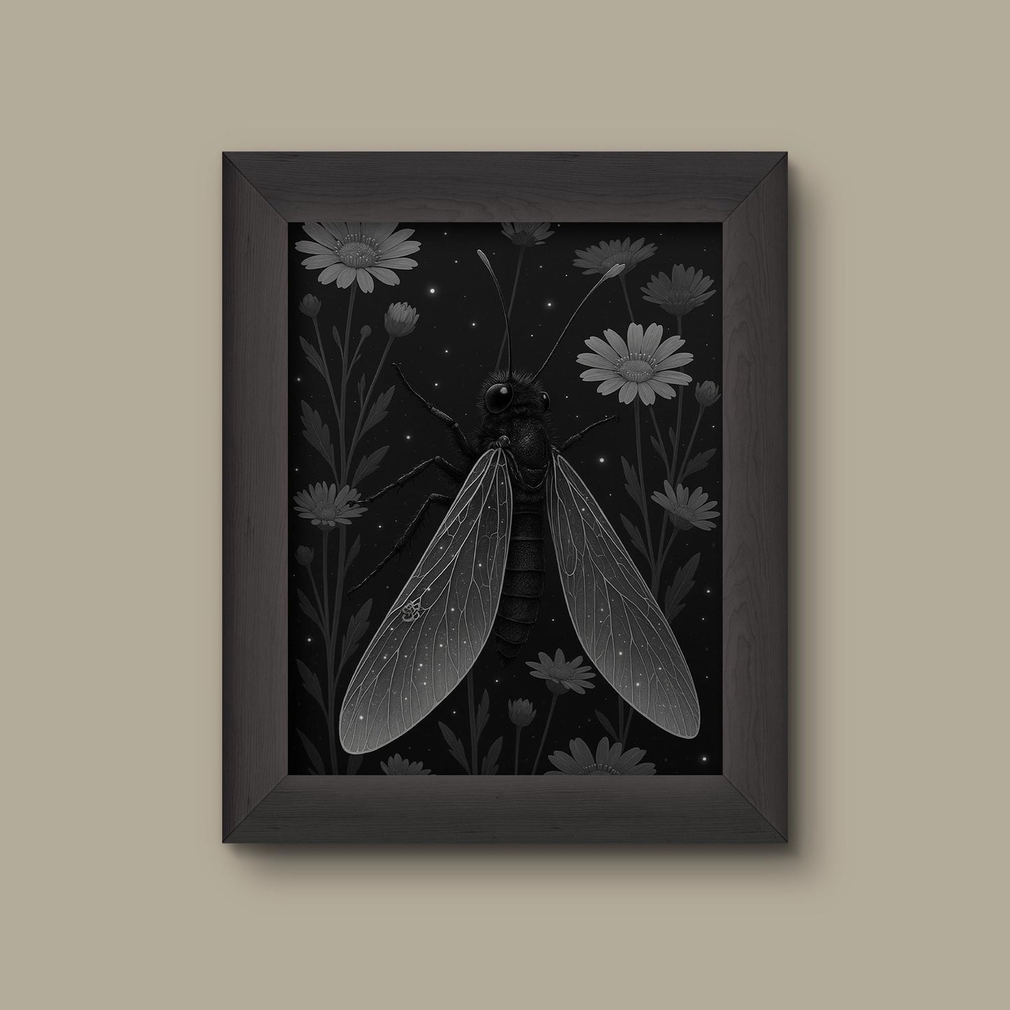 Celestial Wasp & Wildflower Art Print – Black and White Insect Wall Decor | Fine Art Print