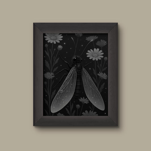 Celestial Wasp & Wildflower Art Print – Black and White Insect Wall Decor | Fine Art Print