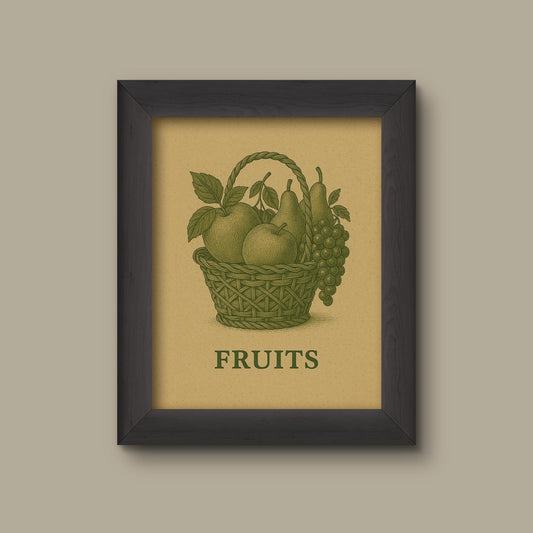Vintage Fruit Basket Art Print (Green Ink) | Rustic Botanical Kitchen Decor | Fine Art Print