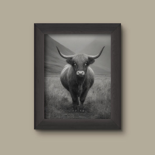 Black and White Highland Cow Art Print | Monochrome Farm Animal Photography | Rustic Wall Decor | Fine Art Print