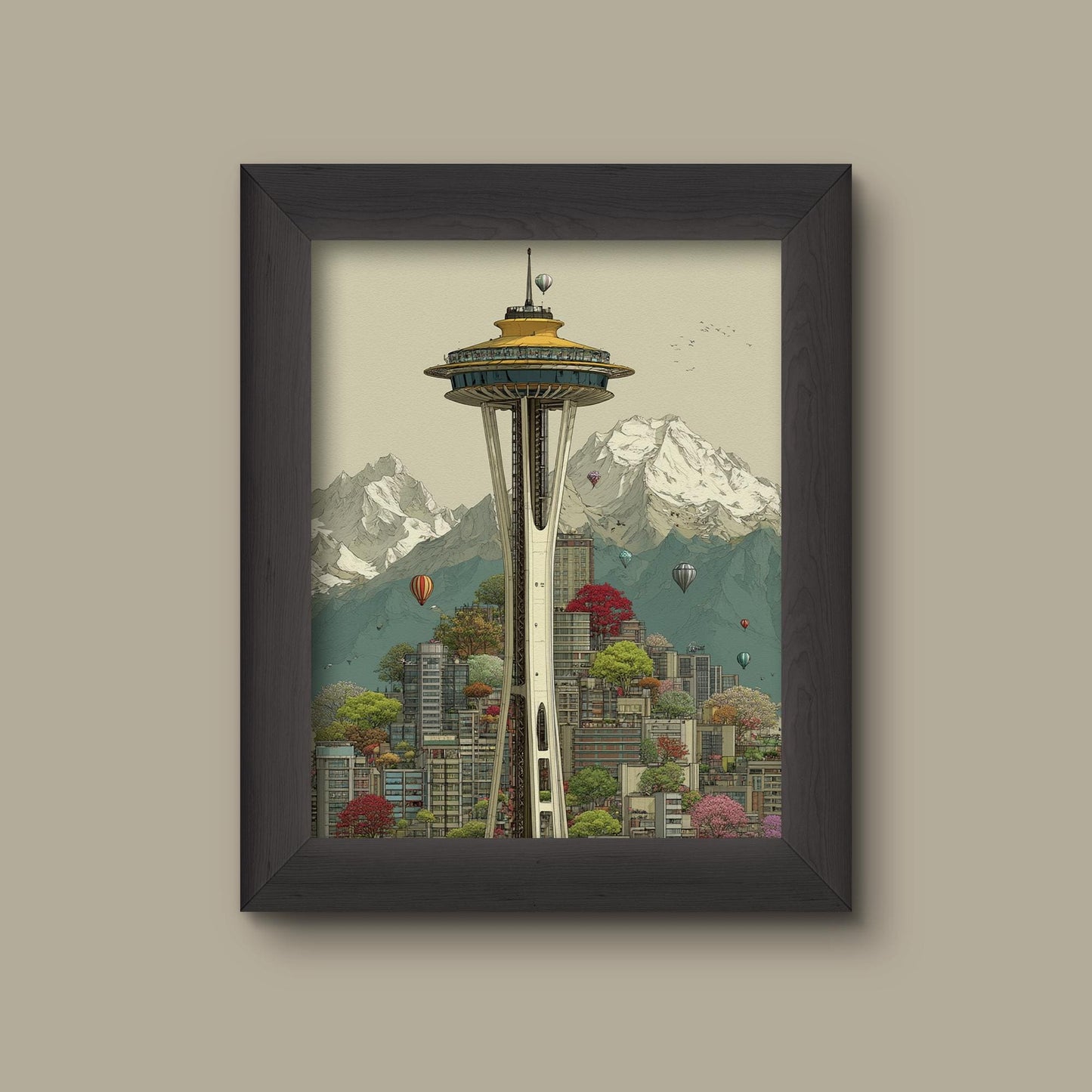 Seattle Space Needle Art Print | Whimsical Cityscape & Mountain | Fine Art Print