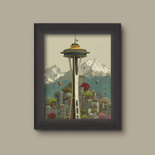 Seattle Space Needle Art Print | Whimsical Cityscape & Mountain | Fine Art Print