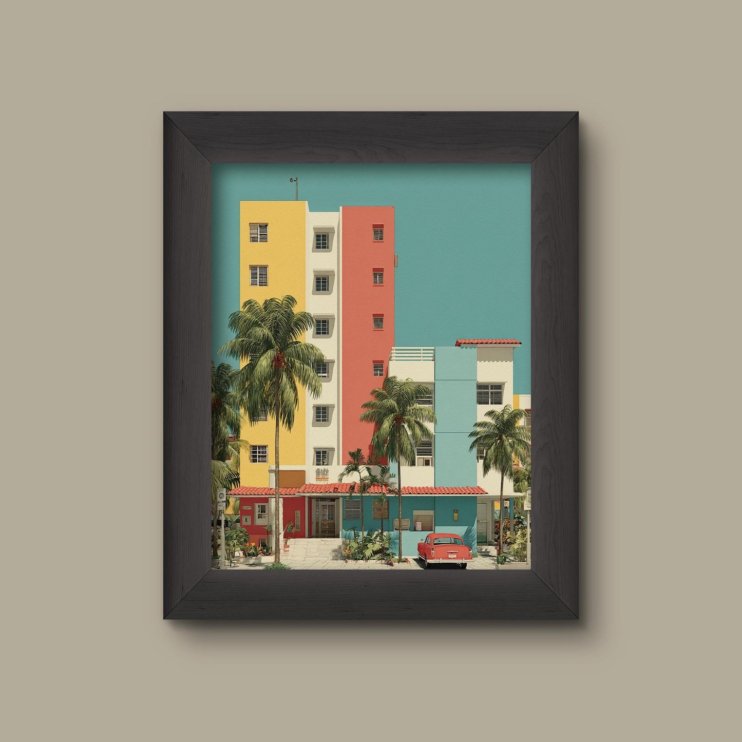 Miami Art Deco Building Print | Colorful South Beach Architecture Wall Art | Retro Palm Tree Scene with Classic Car | Tropical Cityscape | Fine Art Pr