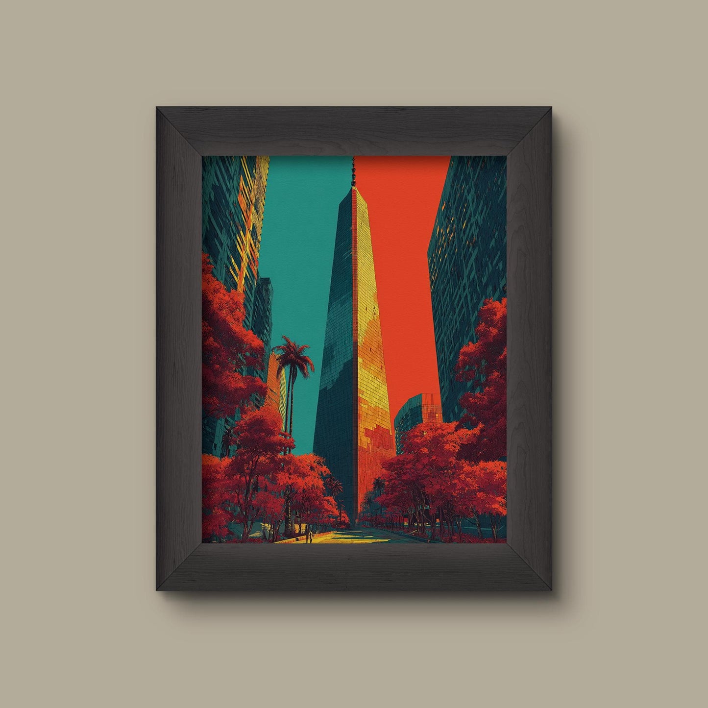 New York City Skyscraper Art Print | Bold Red & Teal Urban Wall Art | Modern NYC Architecture | Fine Art Print