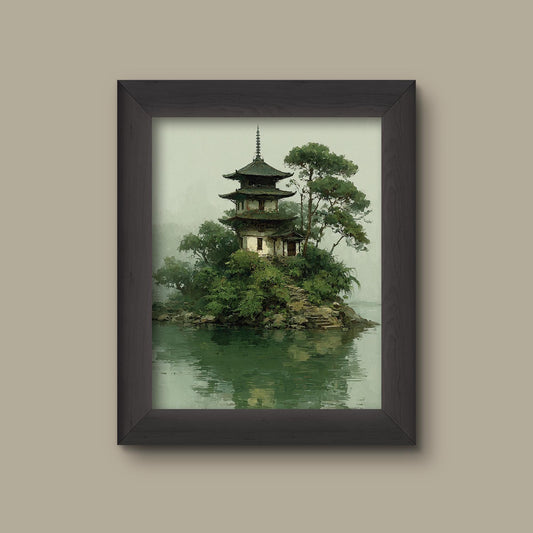 Misty Japanese Temple Island Art Print – Tranquil Nature Wall Decor | Fine Art Print