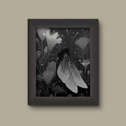 Monochrome Moth & Moonlit Flowers Art Print – Black and White Insect Wall Decor | Fine Art Print