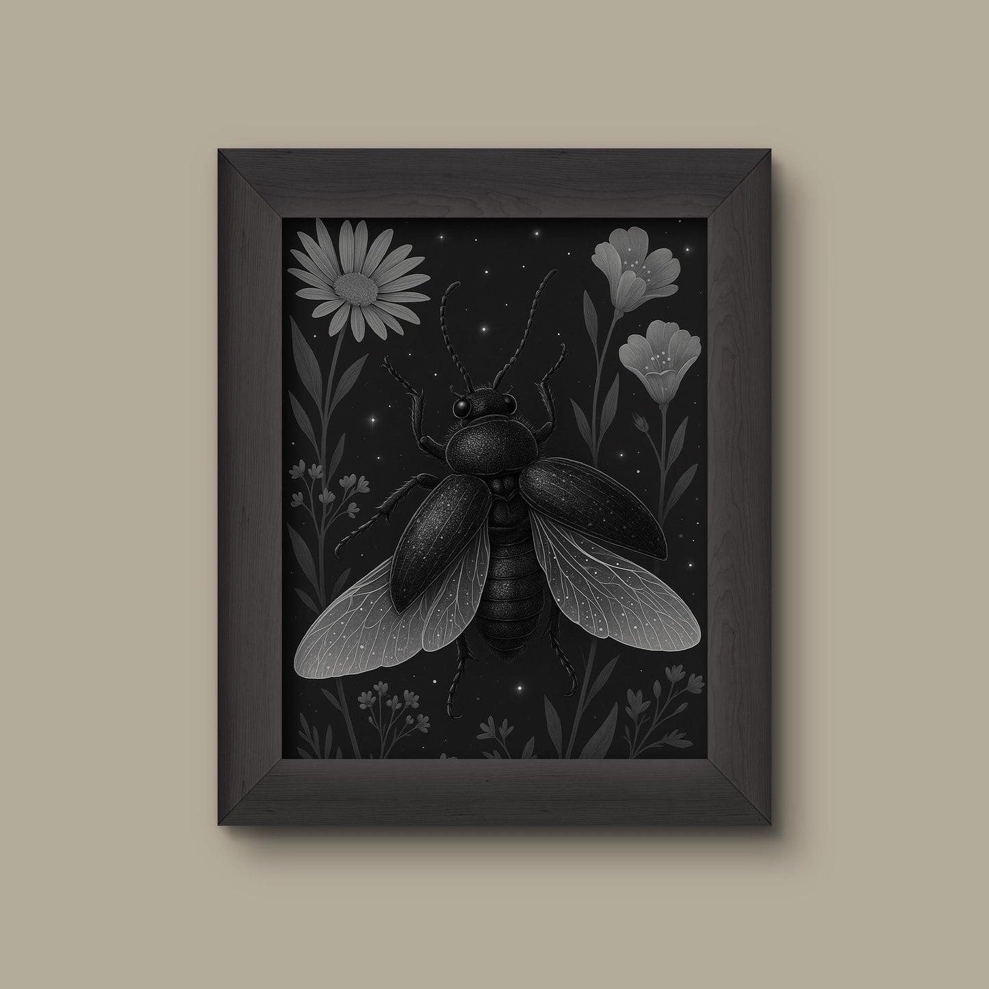 Beetle & Wildflower Art Print – Black and White Insect Wall Art | Fine Art Print