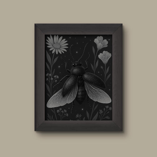 Beetle & Wildflower Art Print – Black and White Insect Wall Art | Fine Art Print