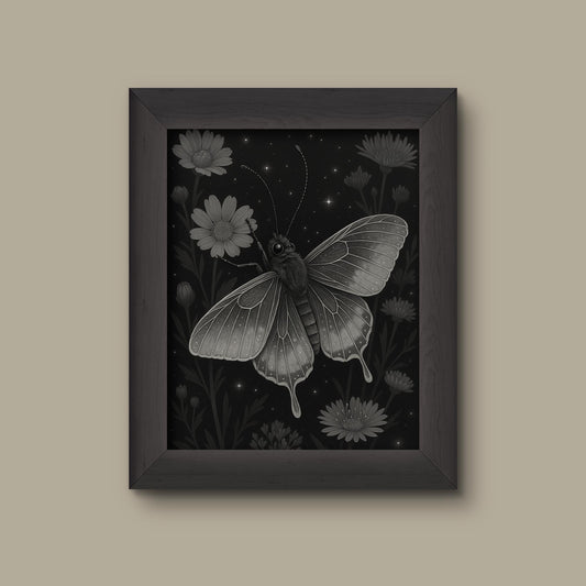 Celestial Butterfly & Wildflower Art Print – Black and White Insect Wall Decor | Fine Art Print