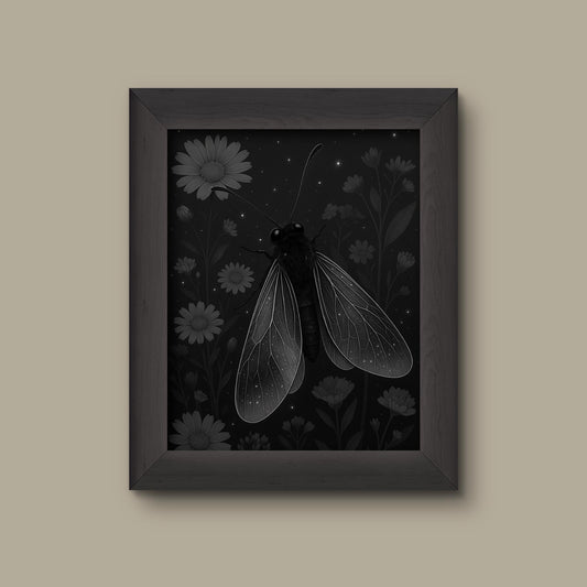 Celestial Cicada & Wildflower Art Print – Black and White Insect Wall Decor | Fine Art Print