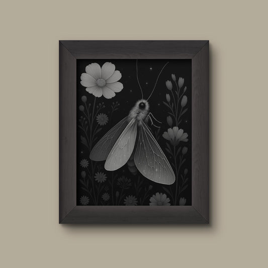 Black and White Moth & Wildflower Art Print | Fine Art Print