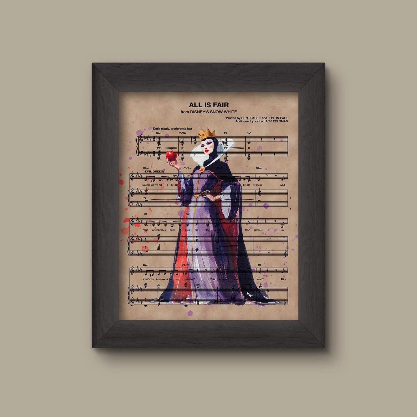 Snow White Evil Queen Watercolor All Is Fair Sheet Music Art Print | Fine Art Print