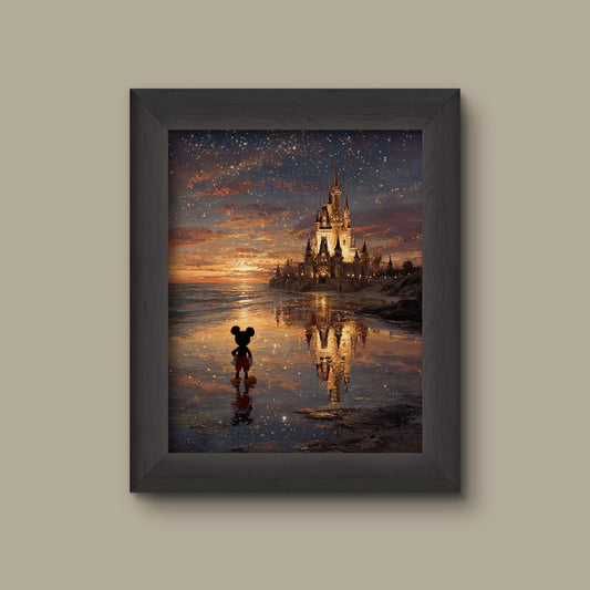 Mickey Mouse Disney Poster Castle at Sunset Print | Magical Disney-Inspired Wall Art | Fantasy Ocean Reflection Scene | Fine Art Print