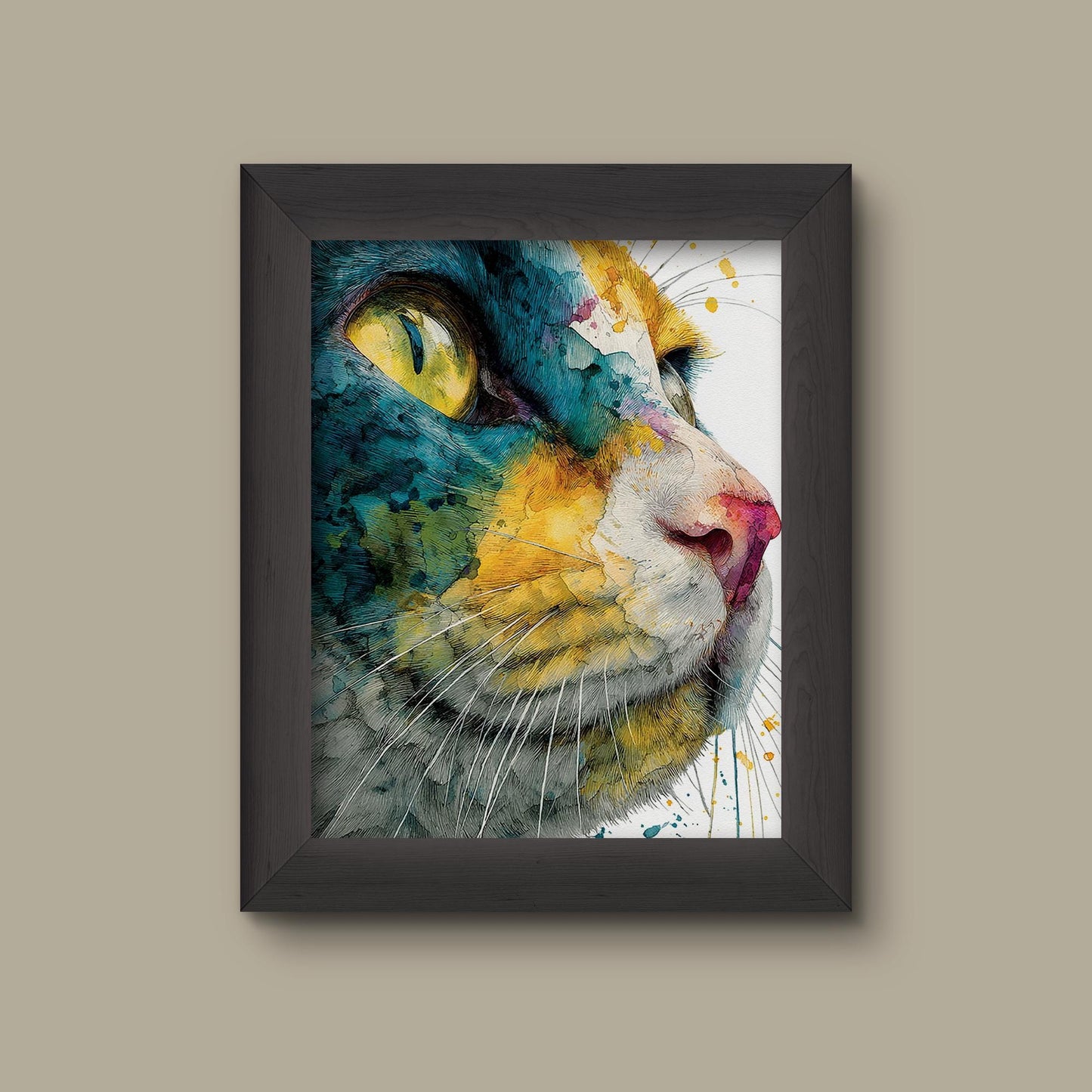 Colorful Cat Close-Up Watercolor Print | Abstract Feline Nose & Eye Art | Fine Art Print