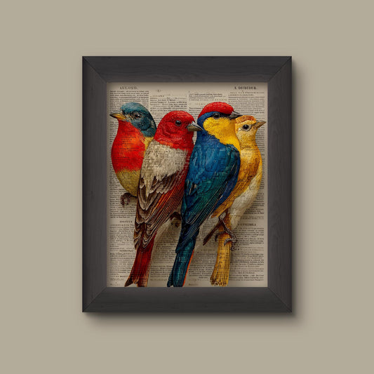 Colorful Birds on Vintage Dictionary Page | Bird Art Print | Rustic Nature Wall Decor | Fine Art Print
