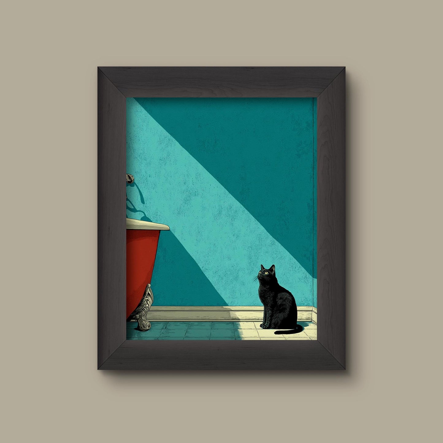 Minimalist Black Cat Bathroom Art Print – Retro Teal Wall Decor with Clawfoot Tub | Fine Art Print
