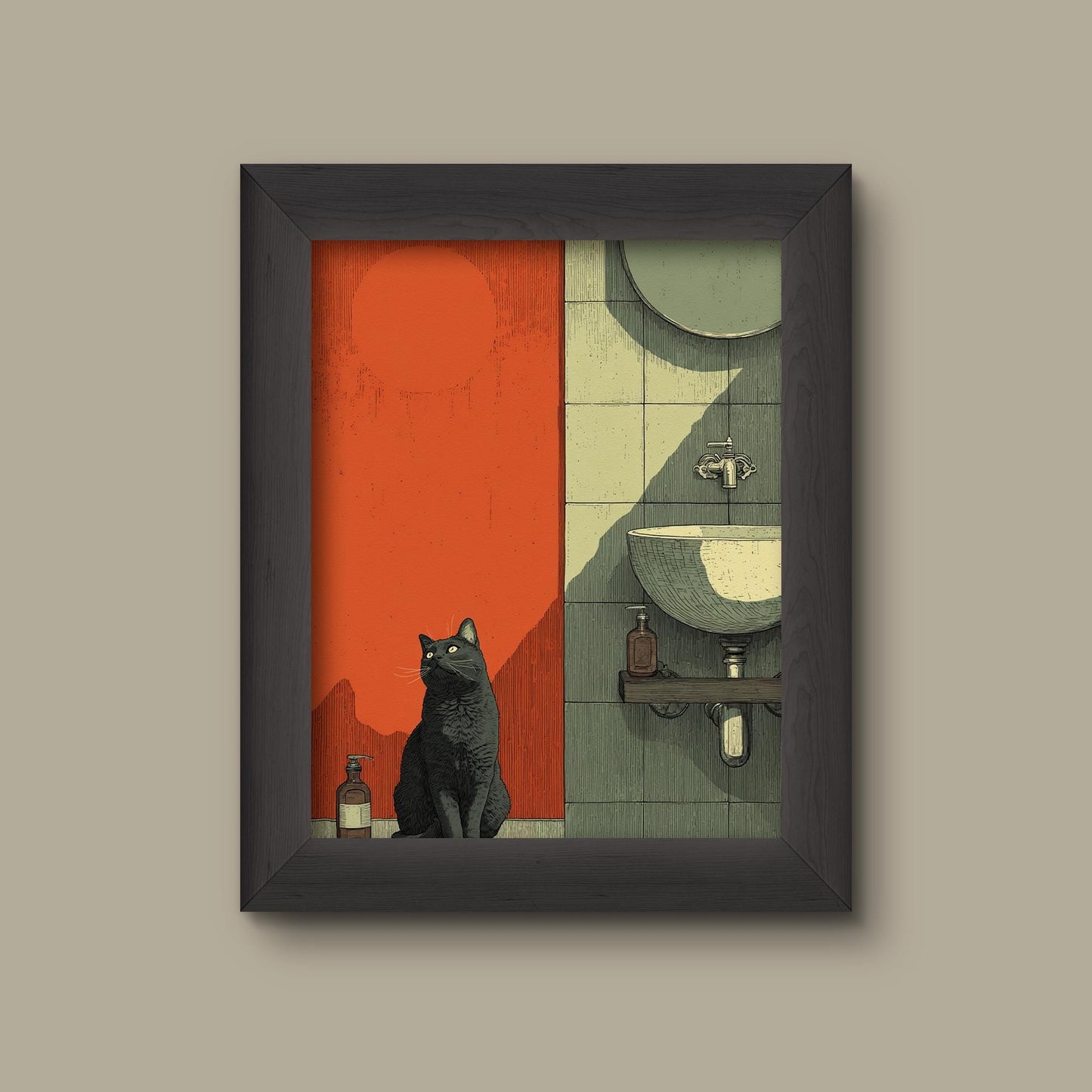 Retro Black Cat in Bathroom Art Print | Fine Art Print