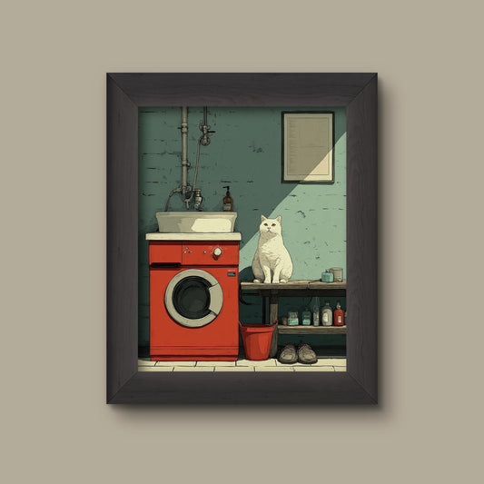 White Cat Laundry Room Art Print – Vintage Washer Print, Retro Bathroom | Fine Art Print