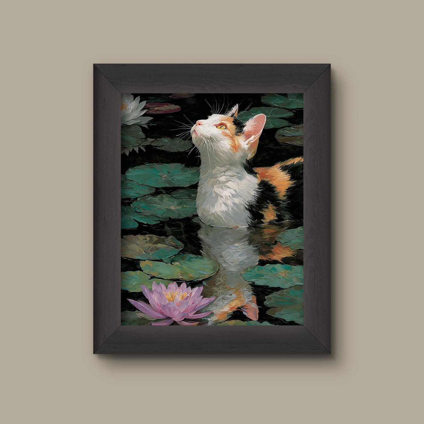 Calico Among Lilies – Monet-Inspired Water Garden Cat Art Print | Fine Art Print