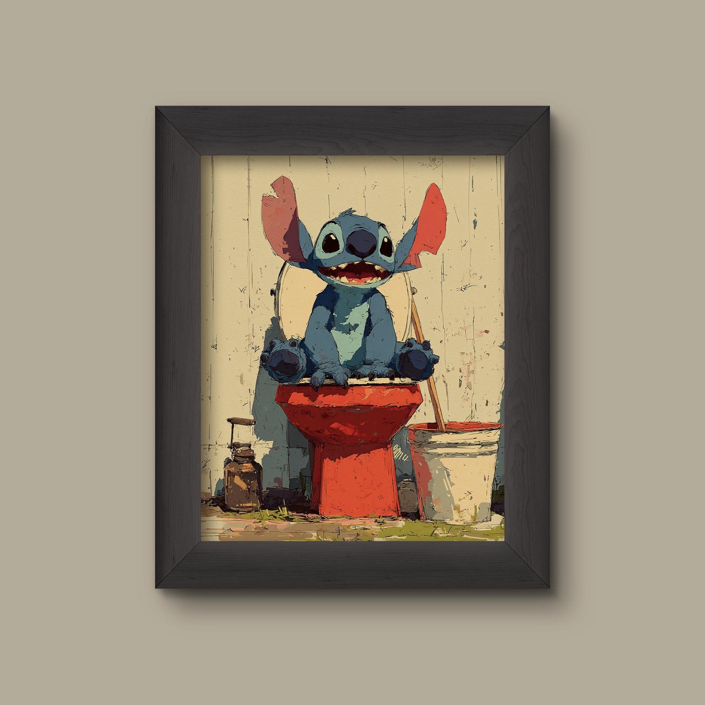 Disney Funny Stitch Bathroom Print – Rustic Red Toilet Art - Bathroom Decor Poster | Fine Art Print