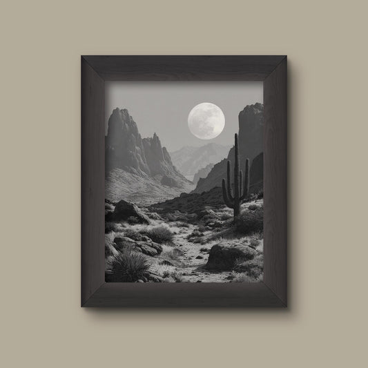 Moonrise Over the Desert – Black and White Night Landscape Art Print | Fine Art Print