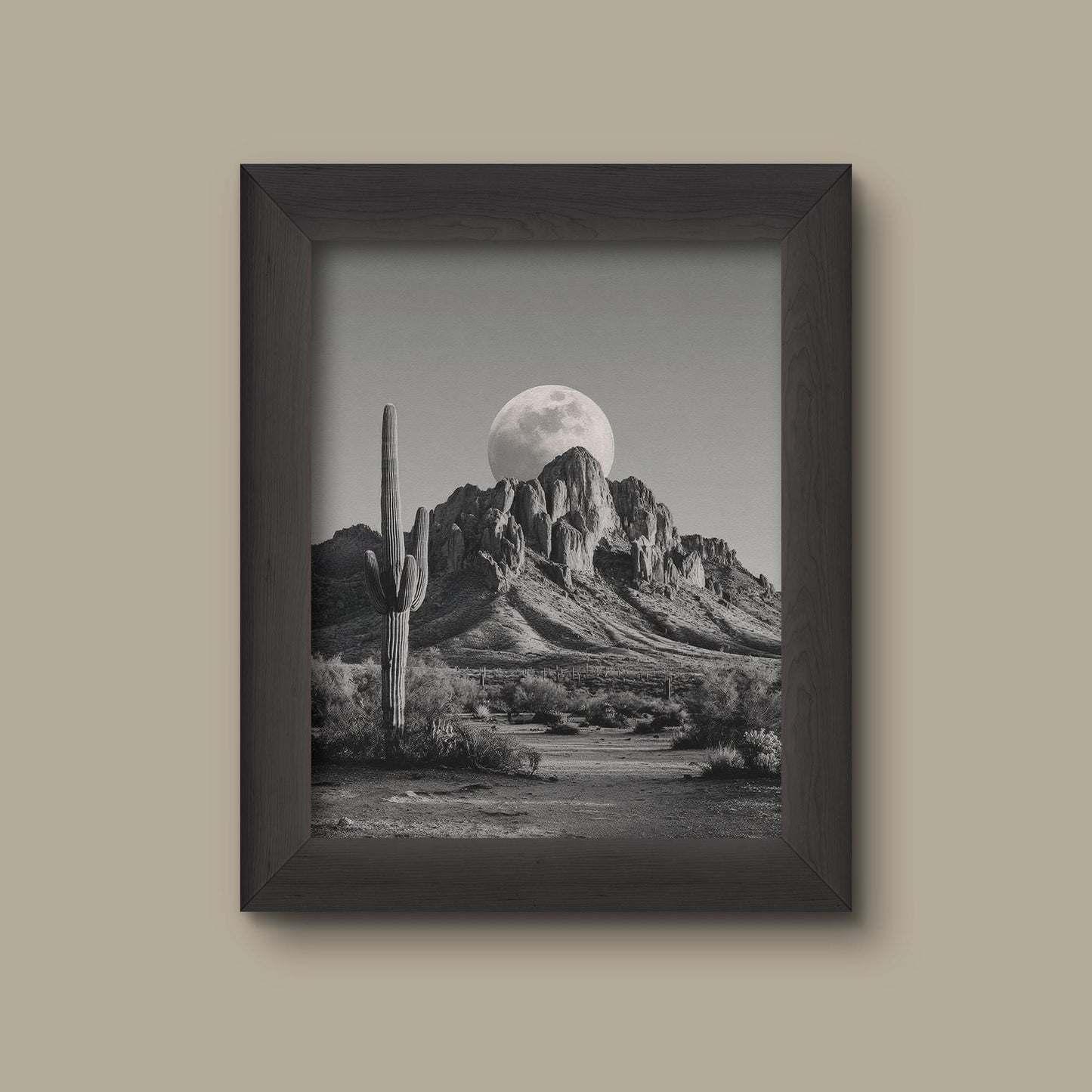 Desert Moonrise – Black and White Cactus and Mountain Landscape Art Print | Fine Art Print