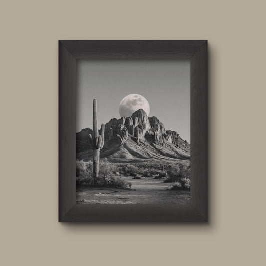 Desert Moonrise – Black and White Cactus and Mountain Landscape Art Print | Fine Art Print