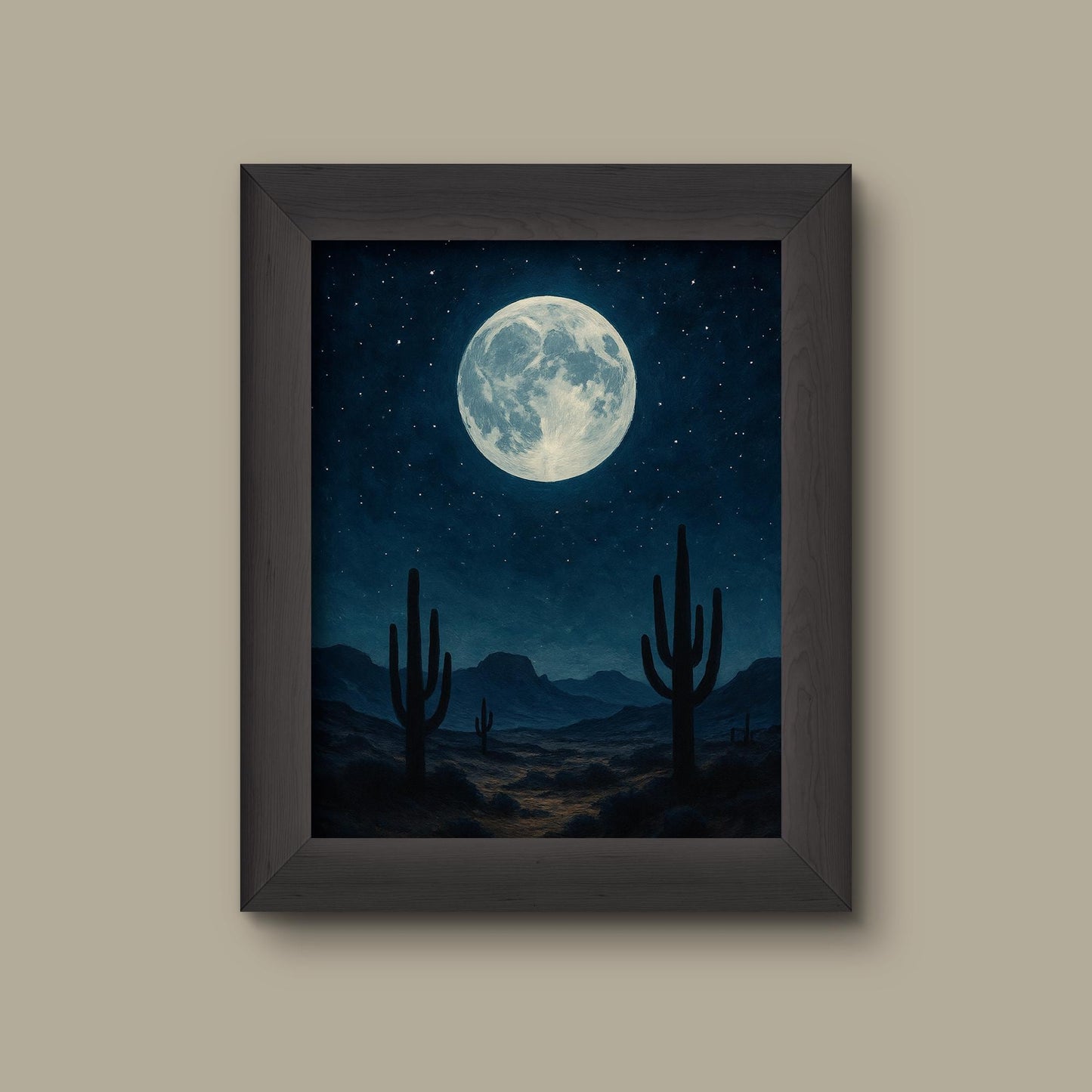 Moonlit Desert Night – Southwestern Landscape Art Print with Cactus and Full Moon | Fine Art Print