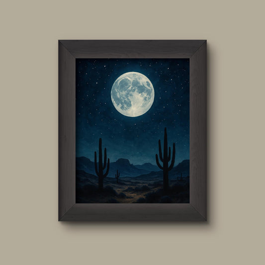 Moonlit Desert Night – Southwestern Landscape Art Print with Cactus and Full Moon | Fine Art Print