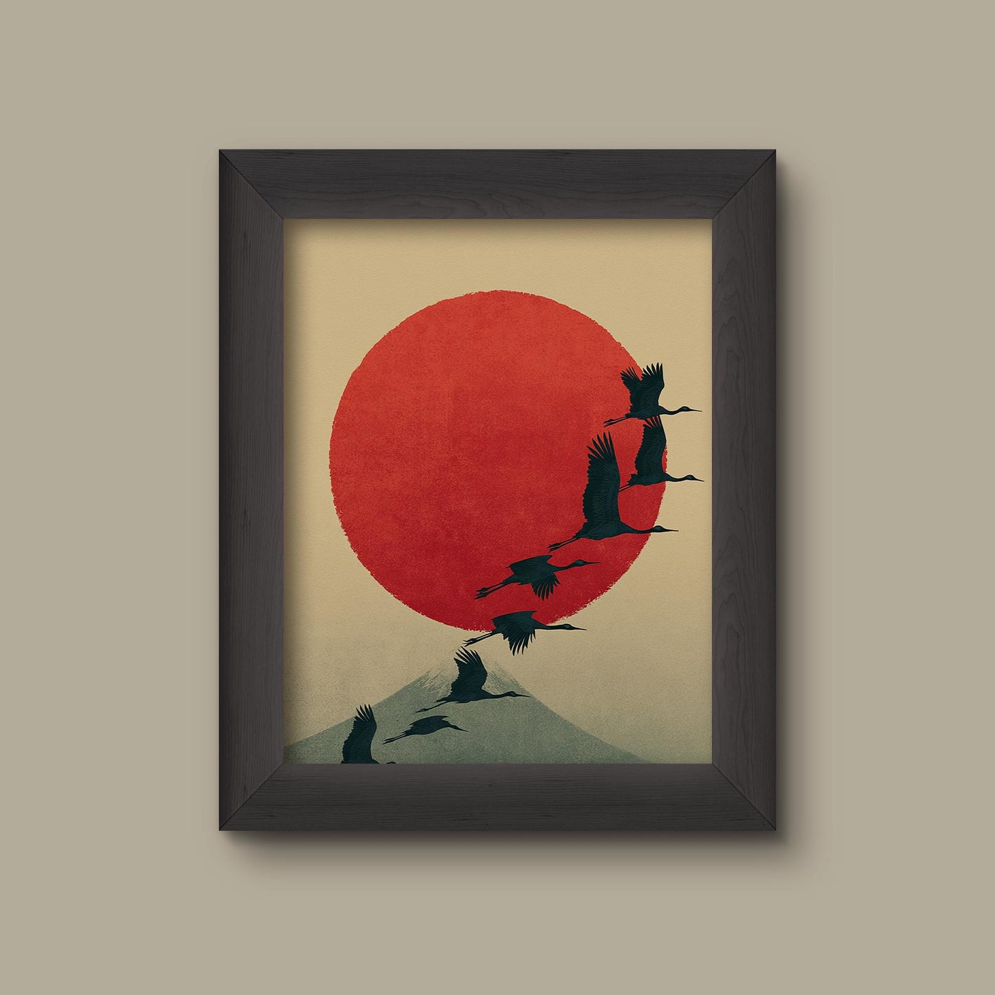 Japanese Crane Wall Art Print – Minimalist Red Sun and Mount Fuji – Traditional Asian Nature Decor | Fine Art Print