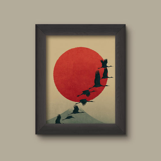 Japanese Crane Wall Art Print – Minimalist Red Sun and Mount Fuji – Traditional Asian Nature Decor | Fine Art Print