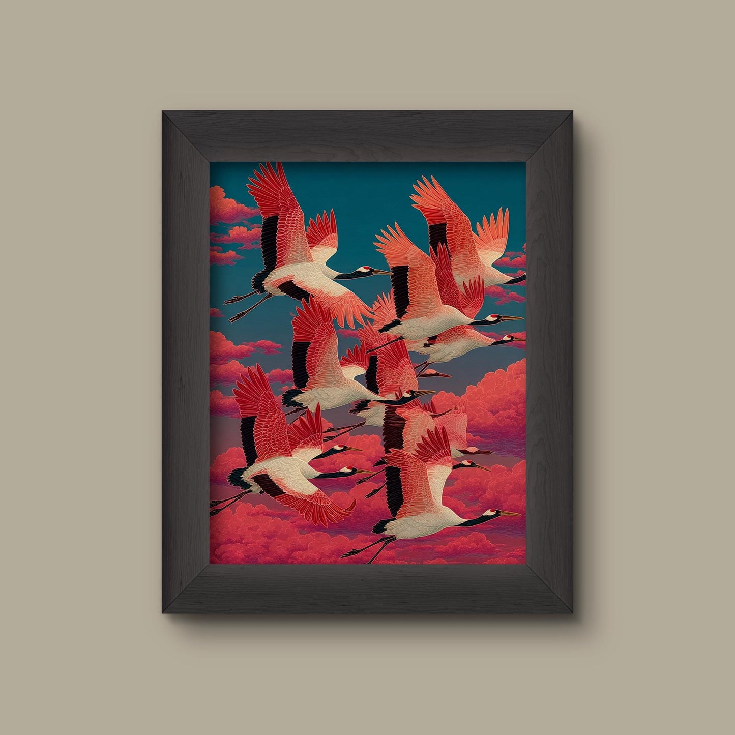 Flying Red-Crowned Cranes at Sunset – Japanese Style Bird Wall Art – Oriental Crane Poster – Elegant Home Decor | Fine Art Print