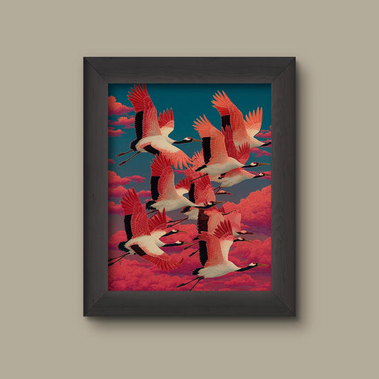 Flying Red-Crowned Cranes at Sunset – Japanese Style Bird Wall Art – Oriental Crane Poster – Elegant Home Decor | Fine Art Print