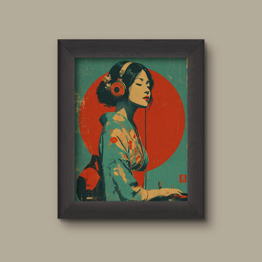 Japanese DJ Girl Art Print – Retro Kimono Woman with Headphones – Vintage Music Poster | Fine Art Print