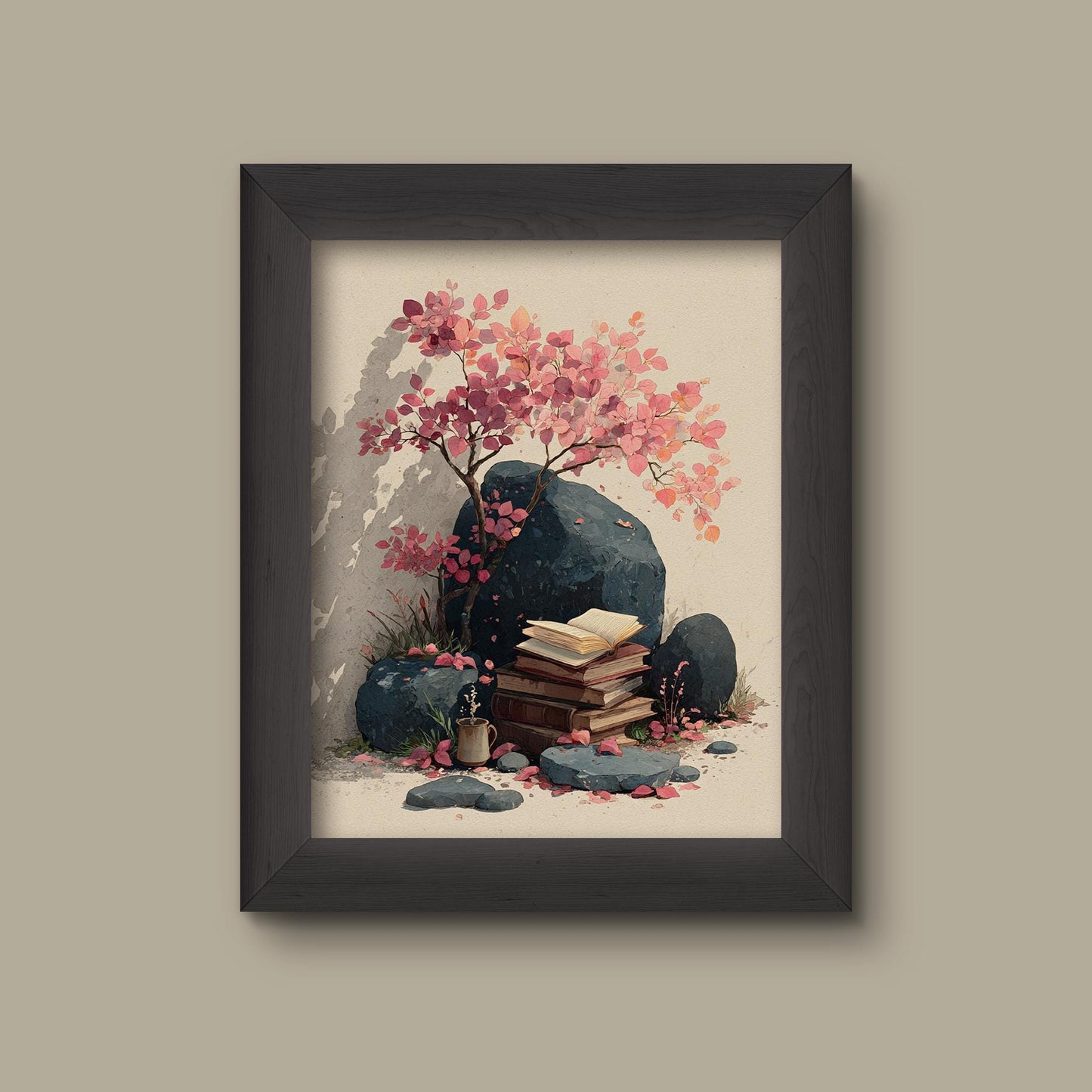 Cherry Blossom & Book Stack Art Print – Cozy Botanical Illustration – Peaceful Nature Reading Nook Wall Decor | Fine Art Print