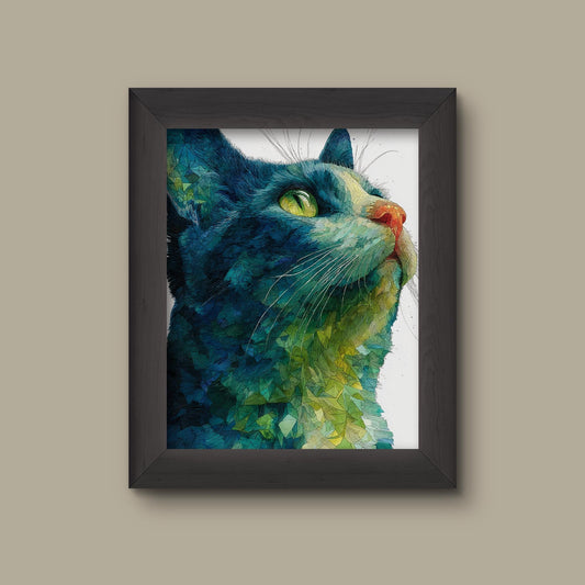 Geometric Blue Cat Art Print | Abstract Watercolor Feline Portrait | Modern Cat Lover Wall Decor | Fine Art Print