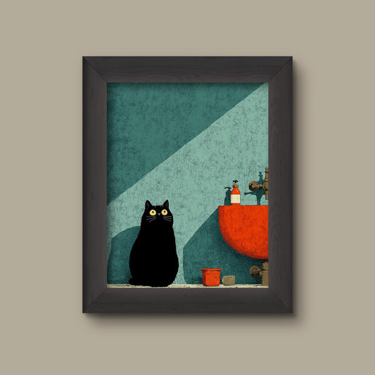 Black Cat Bathroom Art Print – Retro Wall Decor | Fine Art Print